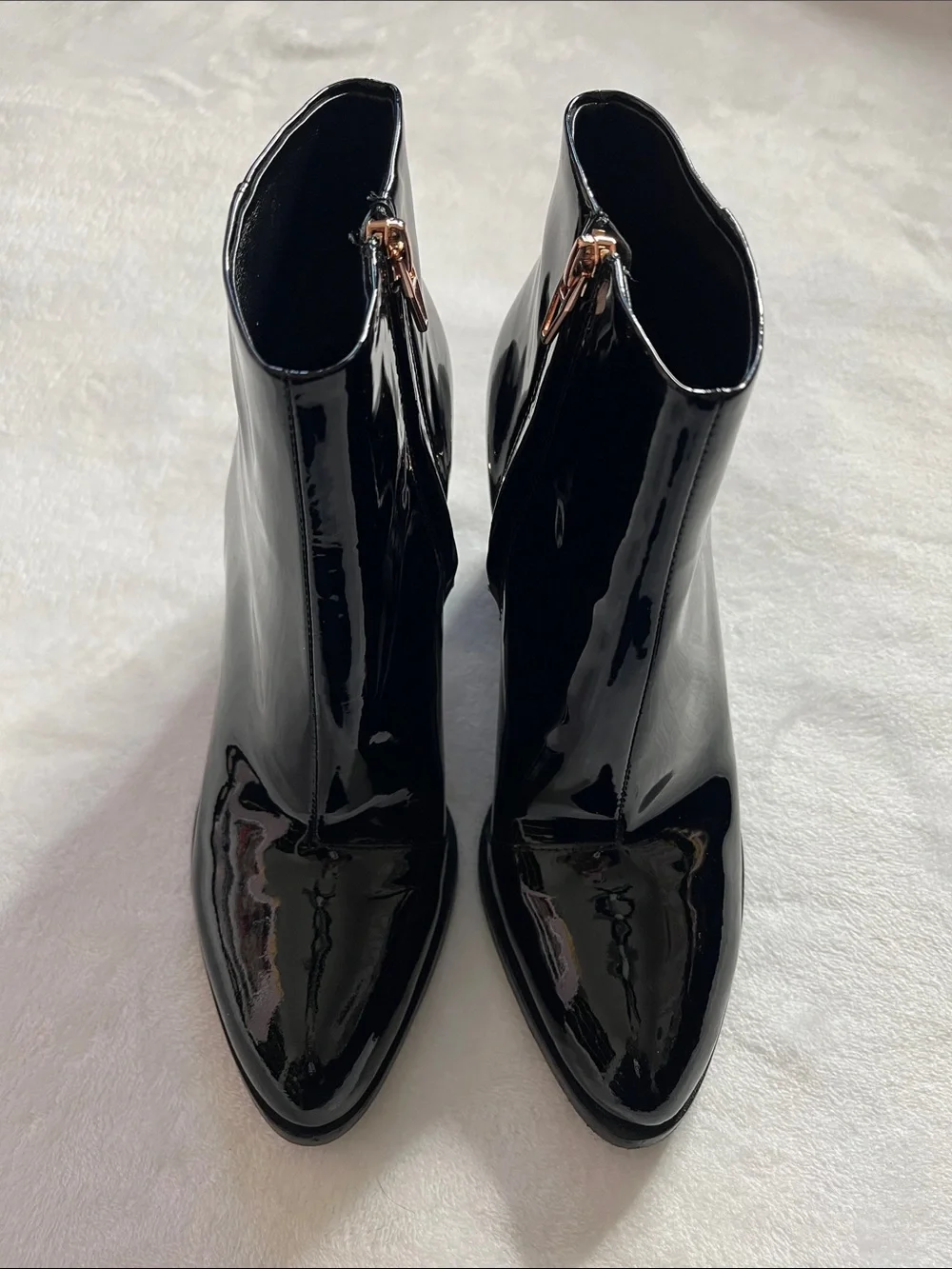 Alexander Wang 7.5 Black Patent leather Gabi Boots cut out block heel rose gold